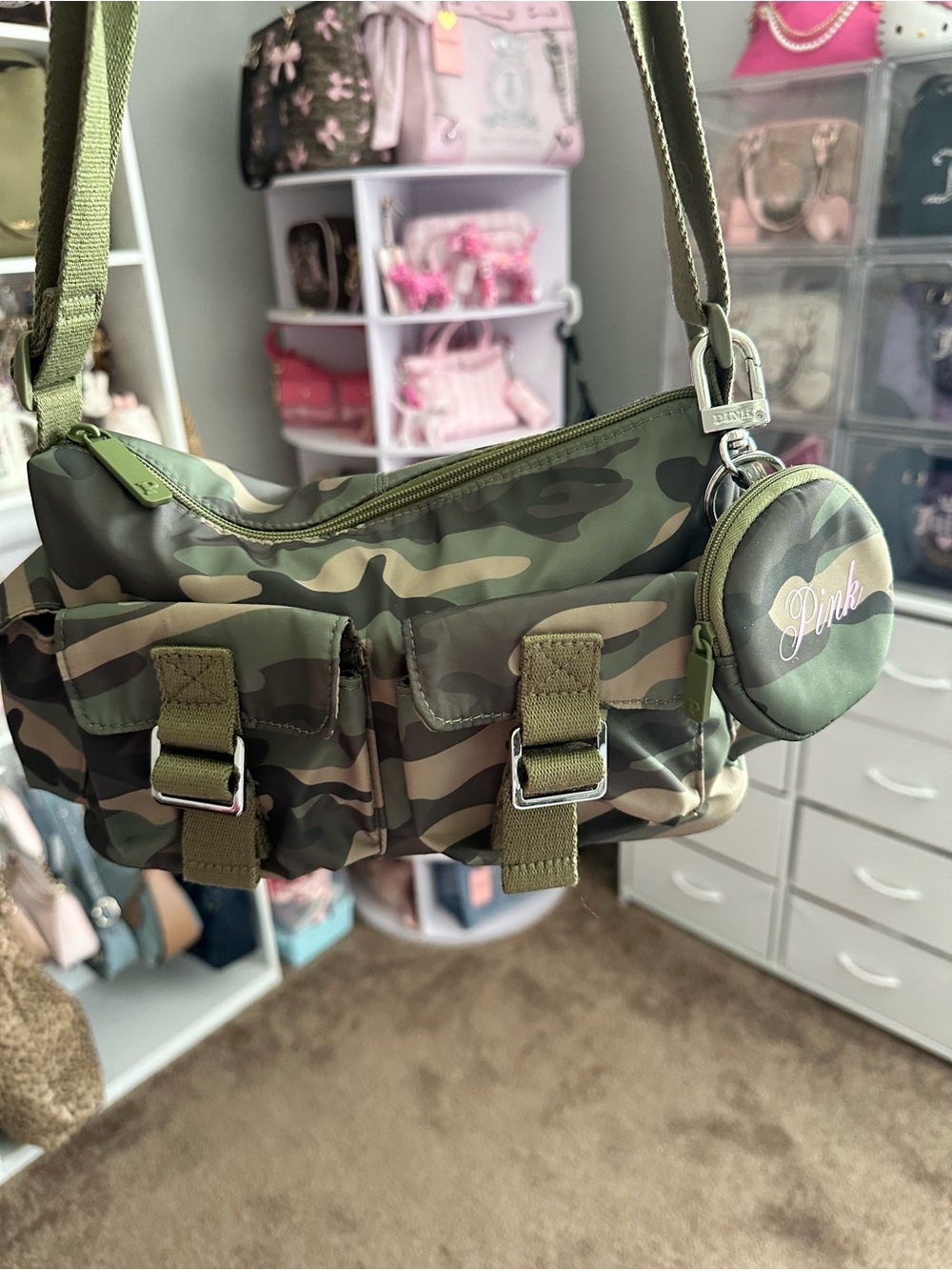 Victoria's Secret PINK Brand CAMO Nylon Cargo Shoulder Bag + Coin Pouch Keychain